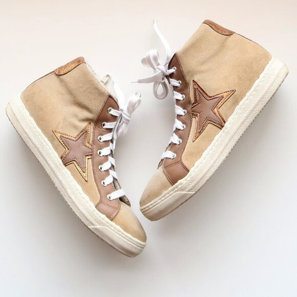 The Shoe Box Shoes - The Shoe Box Beige Suede & Brown Leather High Top Sneakers Lace-up w Star 8.5